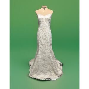 Wedding Dress gown Sz 14 Lace Beaded Overlay Ivory Mermaid Trumpet Slimming Boho